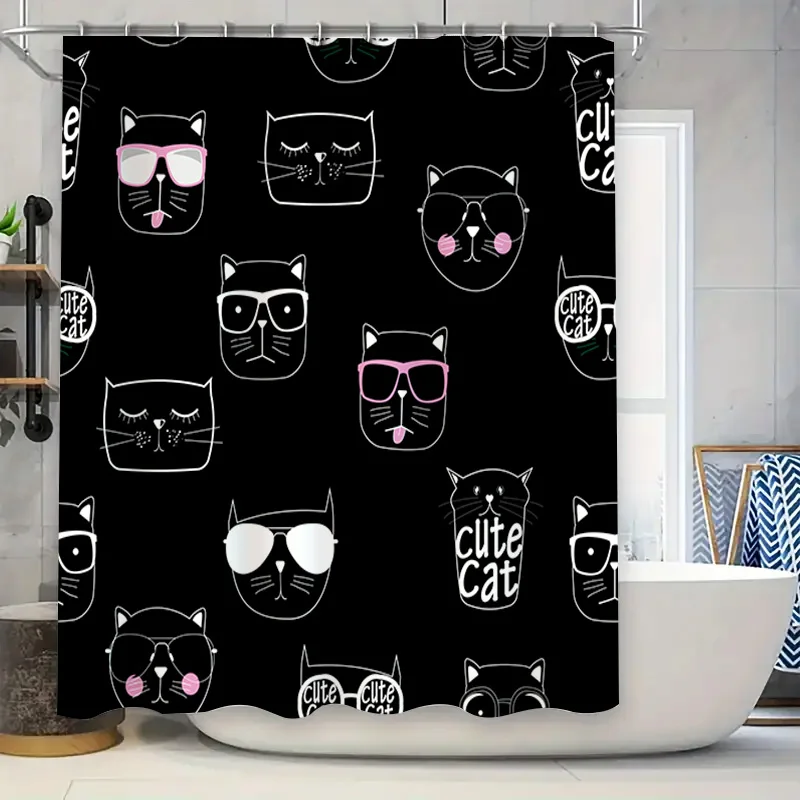 الحديثة القط الأسود طباعة دش الستار ديكور المنزل حمام نسيج مقاوم للماء 72x84 بوصة القطط السوداء النظارات الشمسية نص أبيض لطيف Ca #1