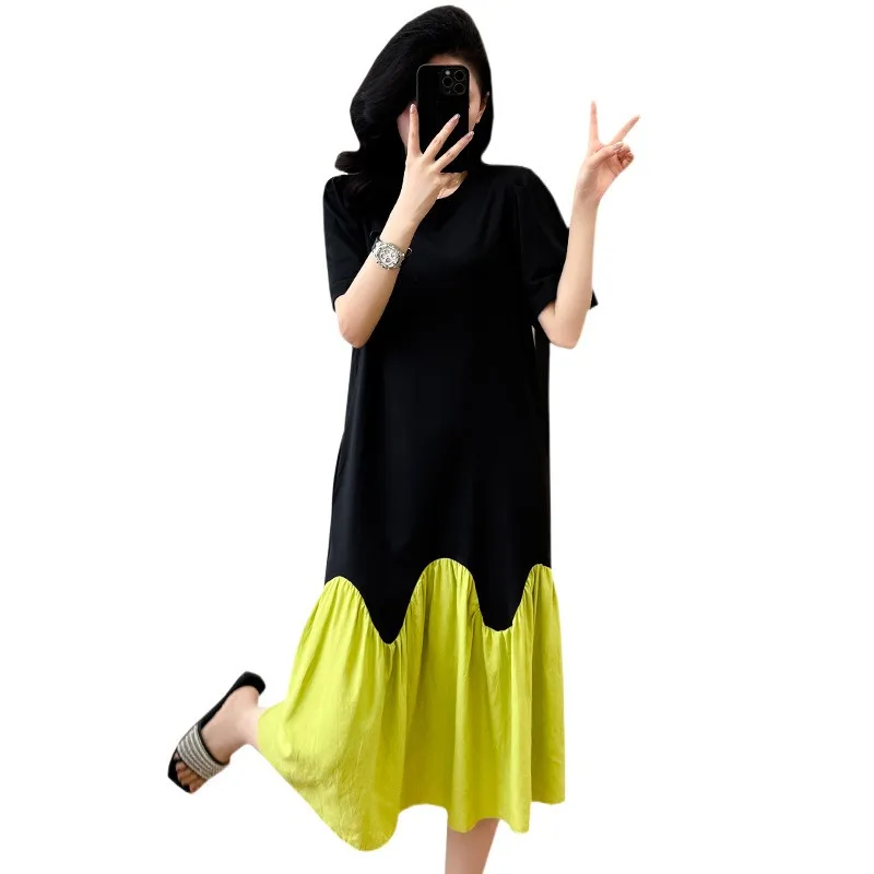 2025 여름 캐주얼 드레스 한국 캐주얼 배색 스티칭 드레스 여성 루즈 슬리밍 여성 티셔츠 피쉬테일 드레스