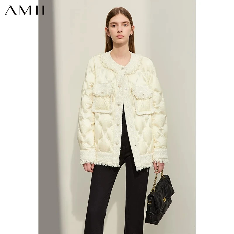 AMII Minimalist Down Puffer Coat For Women Small Fragrance Tweed Jacket 2026 Winter New Spliced Round Neck Pearl Buckle 12344059