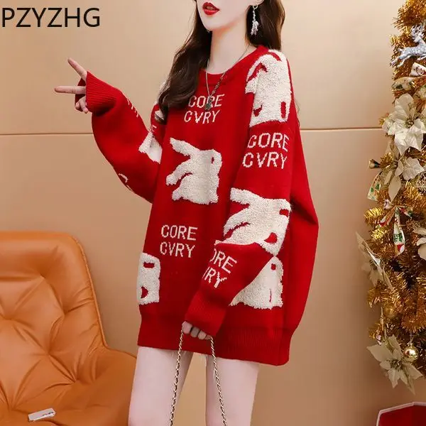 Women 2023 New Autumn and Winter Sweater Design Sense Mid Length Rabbit Pattern Red Reduced Age Lazy Style Top Round Collar