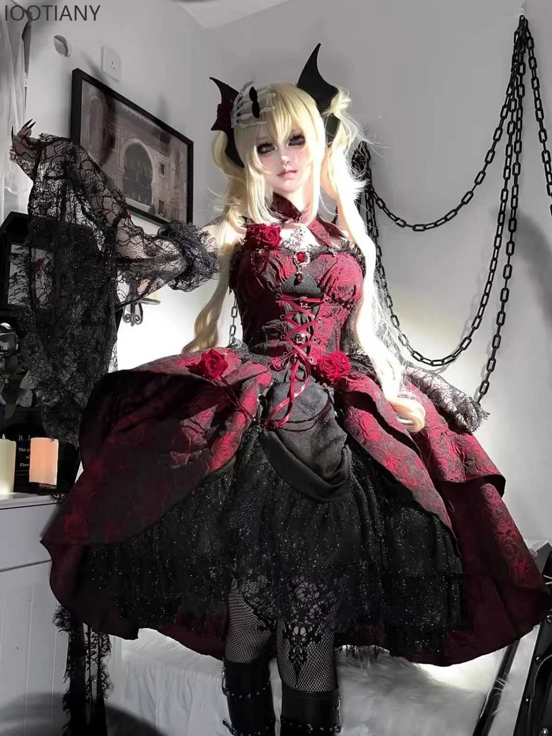 

Victorian Elegant Lolita Dress Set Gothic Rose Flower Bandage Halloween Party Dress with Black Lace Sleeves Princess Dress 2025