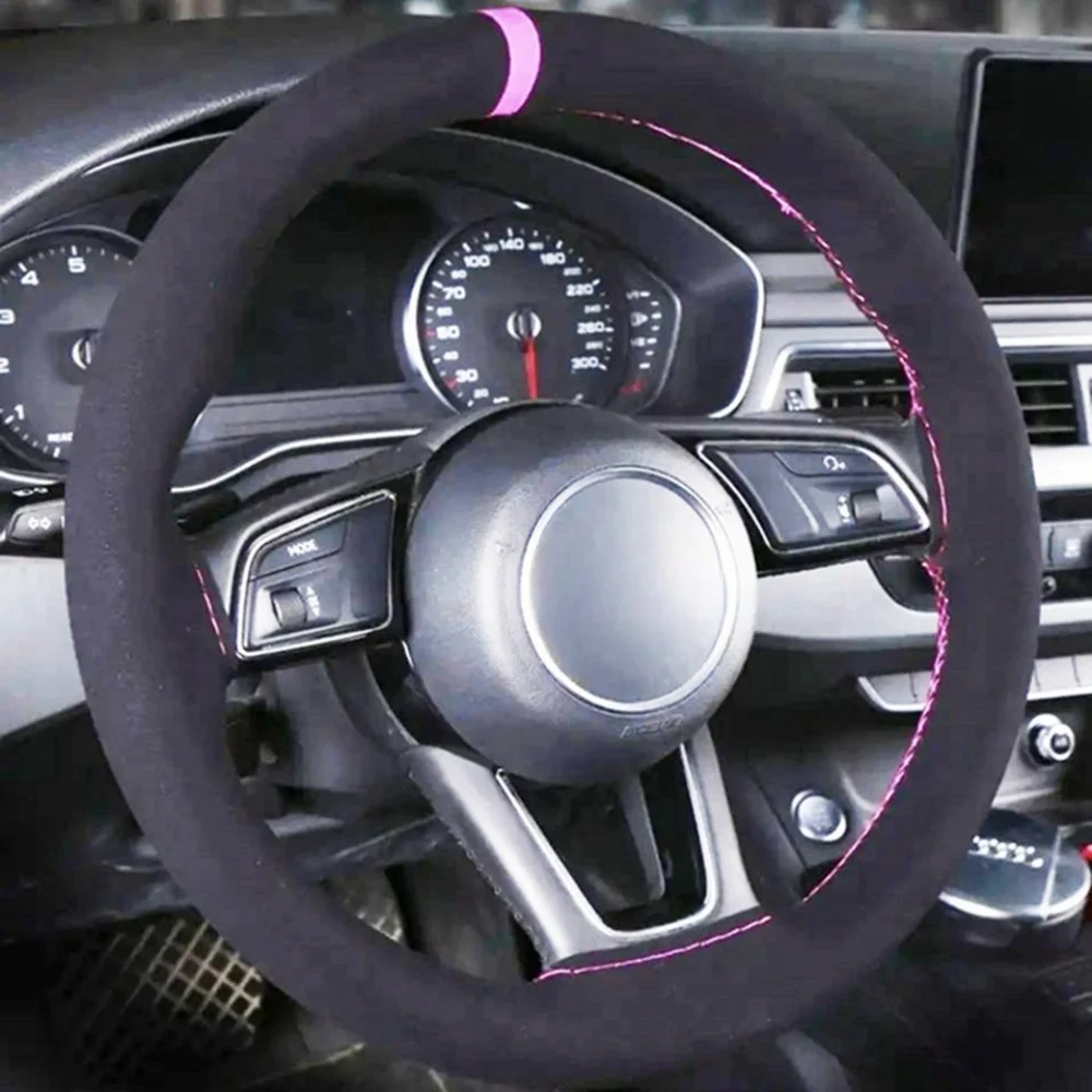 Hand Sewing Steering Wheel Cover Soft Suede Leather Sweat-Absorbent Breathable Car Steering Wheel Cover Car Accessories 36-38CM