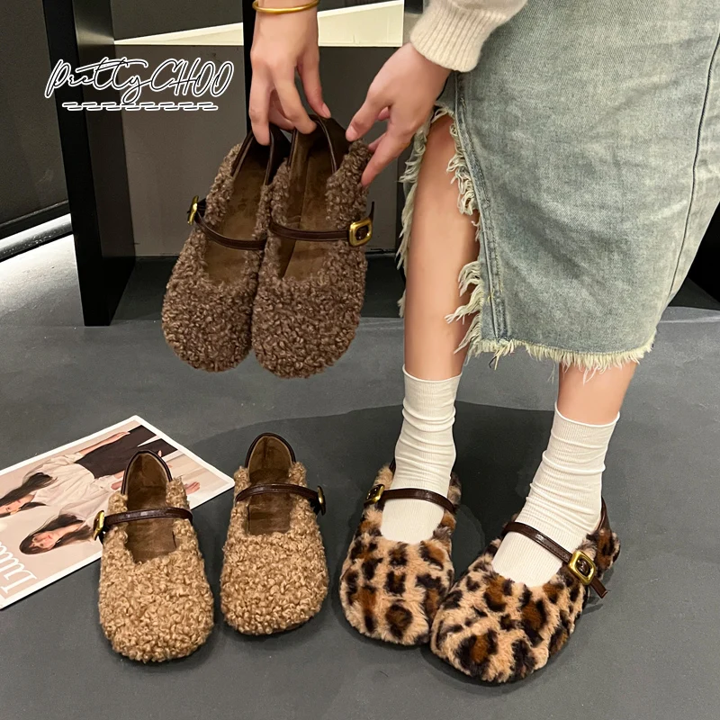 Moda leopardo pelliccia ballerine donna ricci Lambswool fibbia cinturino Mary Jane scarpe donna inverno caldo peluche mocassini poco profondi