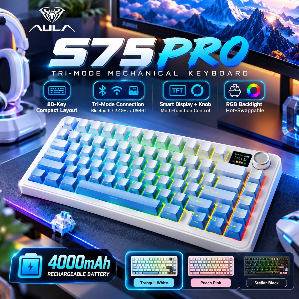 AULA S75PRO 80-Key Tri-Mode Mechanical Gaming Keyboard RGB Screen Knob 4000mAh