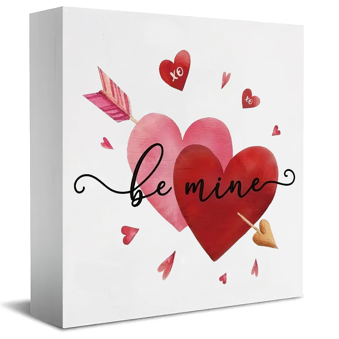 1pc Be Mine Romantic Heart Valentine'S Day Decor - Wooden Box Sign with Love Phrases & Arrow Design, Red & Pink Heart