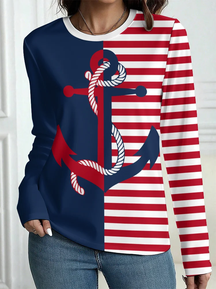 Women's T-Shirt Outdoor Casual Long Sleeve Striped anchor pattern 3D Print Tops Street Crew Neck Fall Oversized Clothing