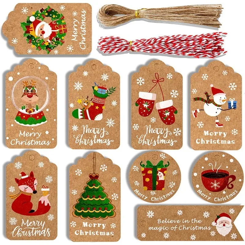 50 Uds. Etiquetas de regalo de papel Kraft marrón de Navidad con cuerda de yute y panadero para regalo de Navidad DIY, sello para envolver decoración navideña