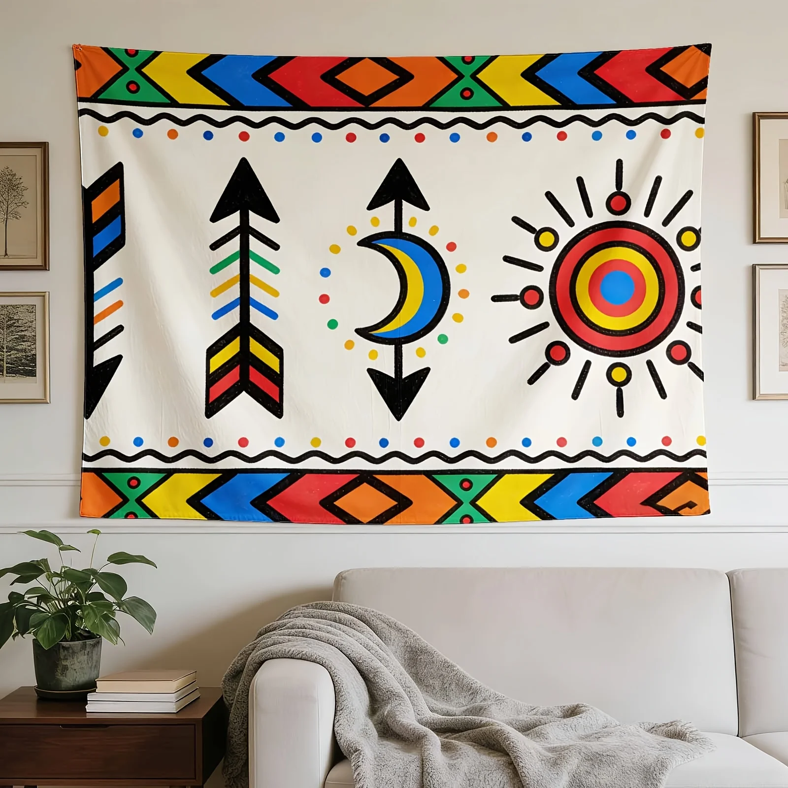 Vibrant Boho Tribal Wall Hanging Tapestry Sun Moon Arrows Geometric Boho Decor Macrame Ethnic Aztec Style Polyester Bohemian Liv