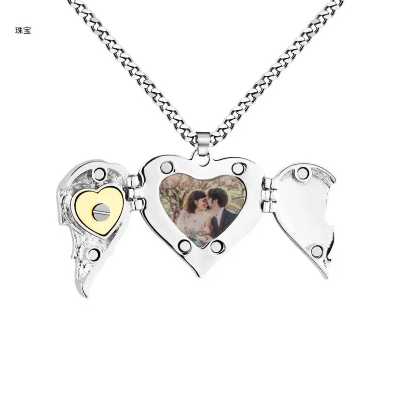 

X5QE Silver Angel Wing Locket Necklace Forever in Heart Jewelry Heart