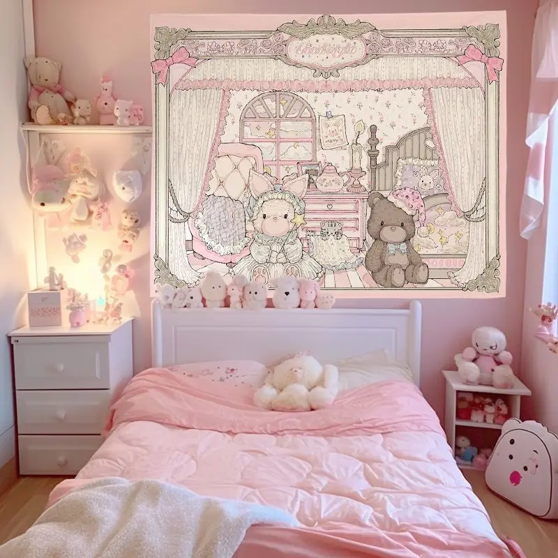 VIKAMA Goodnight Sleepwear Lamb Bear Hanging Cloth Retro Border Cartoon Tapestry Living Room Background Wall Room Decoration