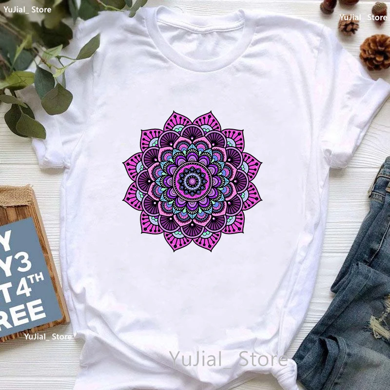 Colorful Datura Print T Shirt Women Meditation Breathe Funny Tshirt Girls Yoga Posture Lotus T-Shirt Femme Harajuku Shirt