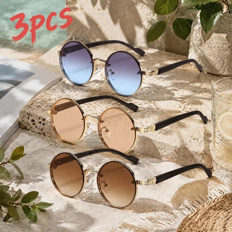 2/3Pcs Neutral Wood‑Grain Round‑Frame Glasses Set, Minimalist Retro Design, for Daily Wear, Street Style & Gifting
