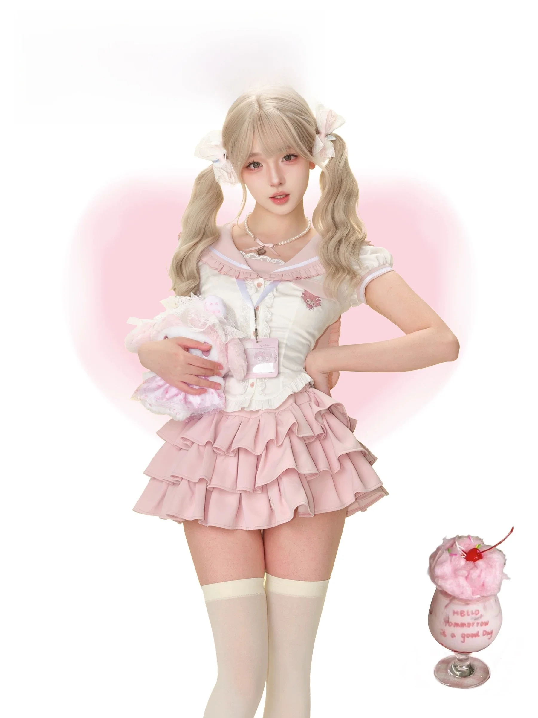 

Cute Sailor Suit School Uniform Style Sweet Girl Pink Cake Skirt Two-Piece Set Short Sleeve round Neck Polyester Blend Women'...