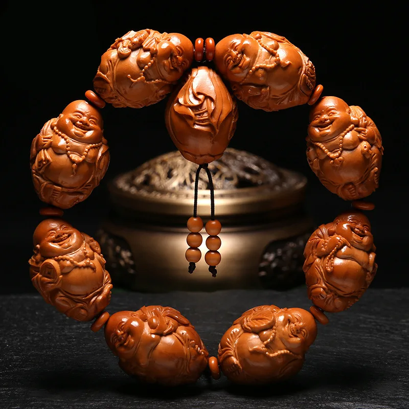 

Olive-Stone Carving Eight Treasures Maitreya Sugong Hand Carved Men and Women Bracelet