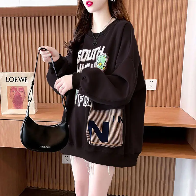 Vintage Fashion Loose T-Shirts Printing O-neck Long Sleeve Pullovers Sweatshirts Streetwear Autumn Winter Thin Women\'s Clothing