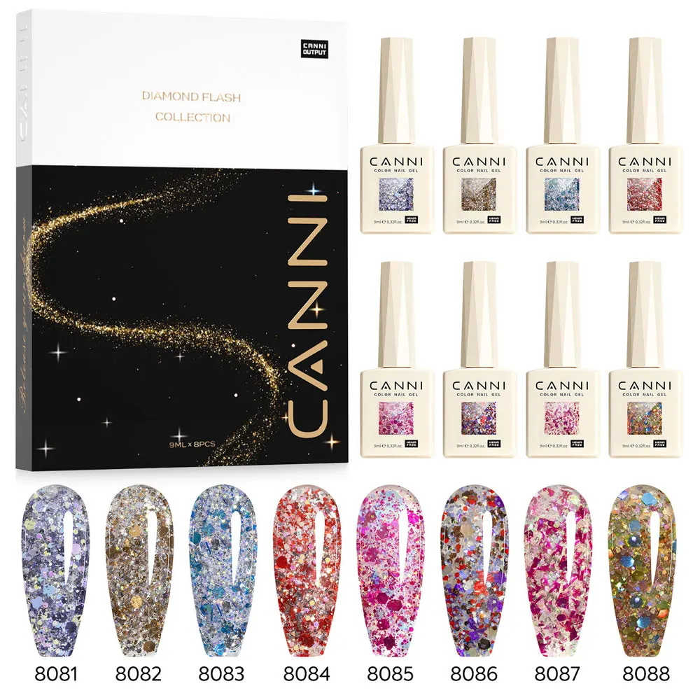 CANNI Glitter Gel Nail Polish HEMA FREE 9ml 8 Colors Set Soak Off Uv LED Glitz Flash Gel Series Quality Art Manicure Salon DIY