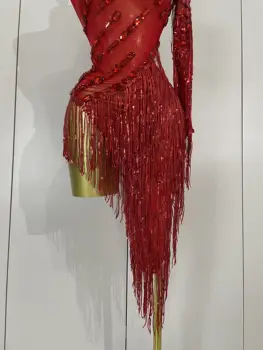 閃亮水鑽流蘇性感透視連身裙 女士單肩拉丁舞服裝 酒吧夜總會派對舞台服裝 8 最佳銷售 夏日派對禮服 - №1