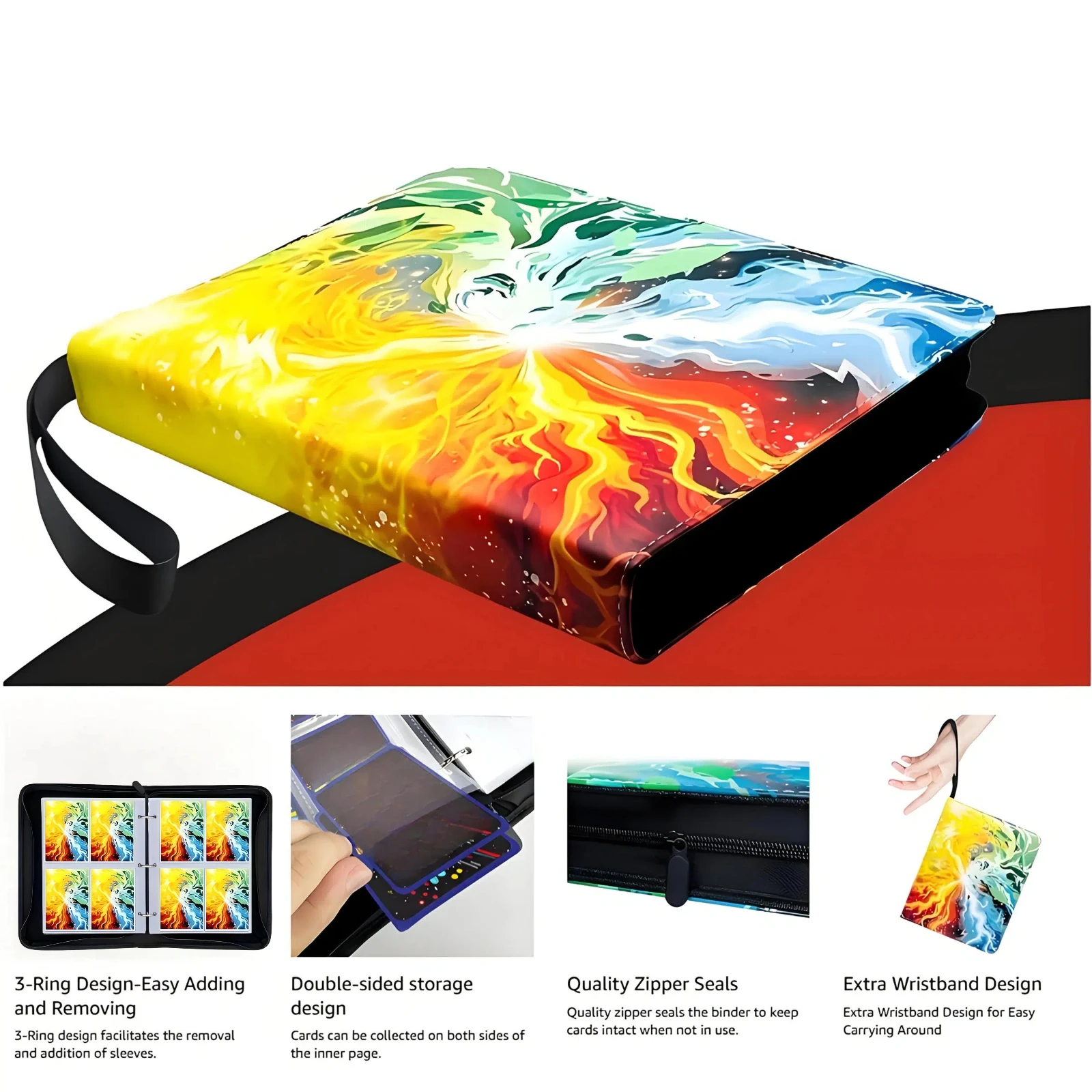 Álbum de cartas colecionáveis, fichário de 4 bolsos - 400 bolsos dupla face Pu Premium Zipper Trading Collection Binder com 50 porta-cartões com mangas destacáveis adequados para Tcg, Mtg, cartões esportivos, amarelo, presente de Halloween, presente de Natal