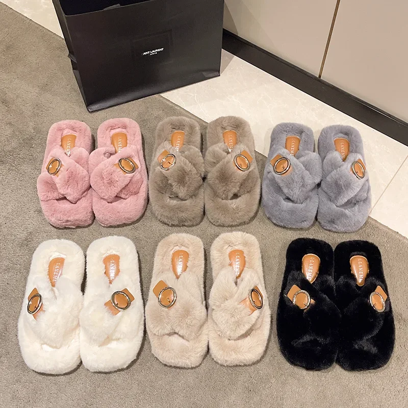 Winter Slippers Women Flip Flops Fashion Cross Fluffy Fur Slipper Home Slides Woman Buckle Thick Sole Flat Indoor Slippers