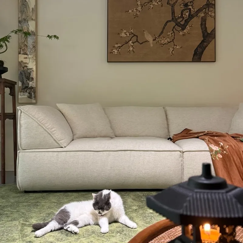 

Light French cotton and linen sofa, living room B & B wabi-sabi wind multi-person straight-row sofa
