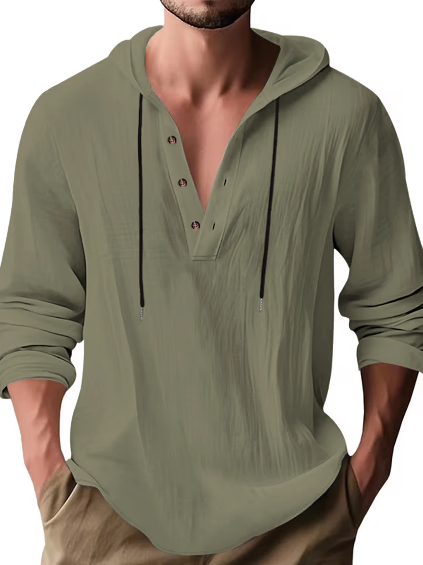 Herren Baumwoll-Leinen Kapuzen-Henley-Shirt Pullover Atmungsaktiv Bequem Neuer Stil Vielseitige Freizeitkleidung – Detail 25