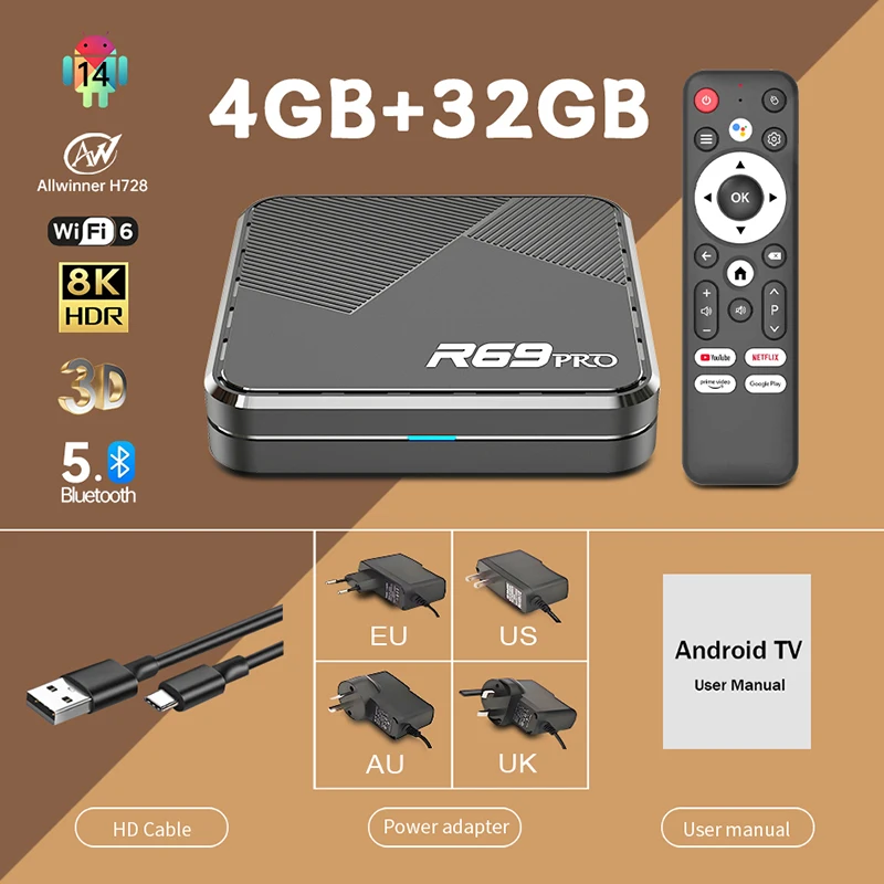 Janmifly R69 PRO Set-Top-Box Android 14 Allwinner H728 WiFi 6, unterstützt Ultra HD 8K Bluetooth 5.0 Smart-TV-Box Netflix YouTube