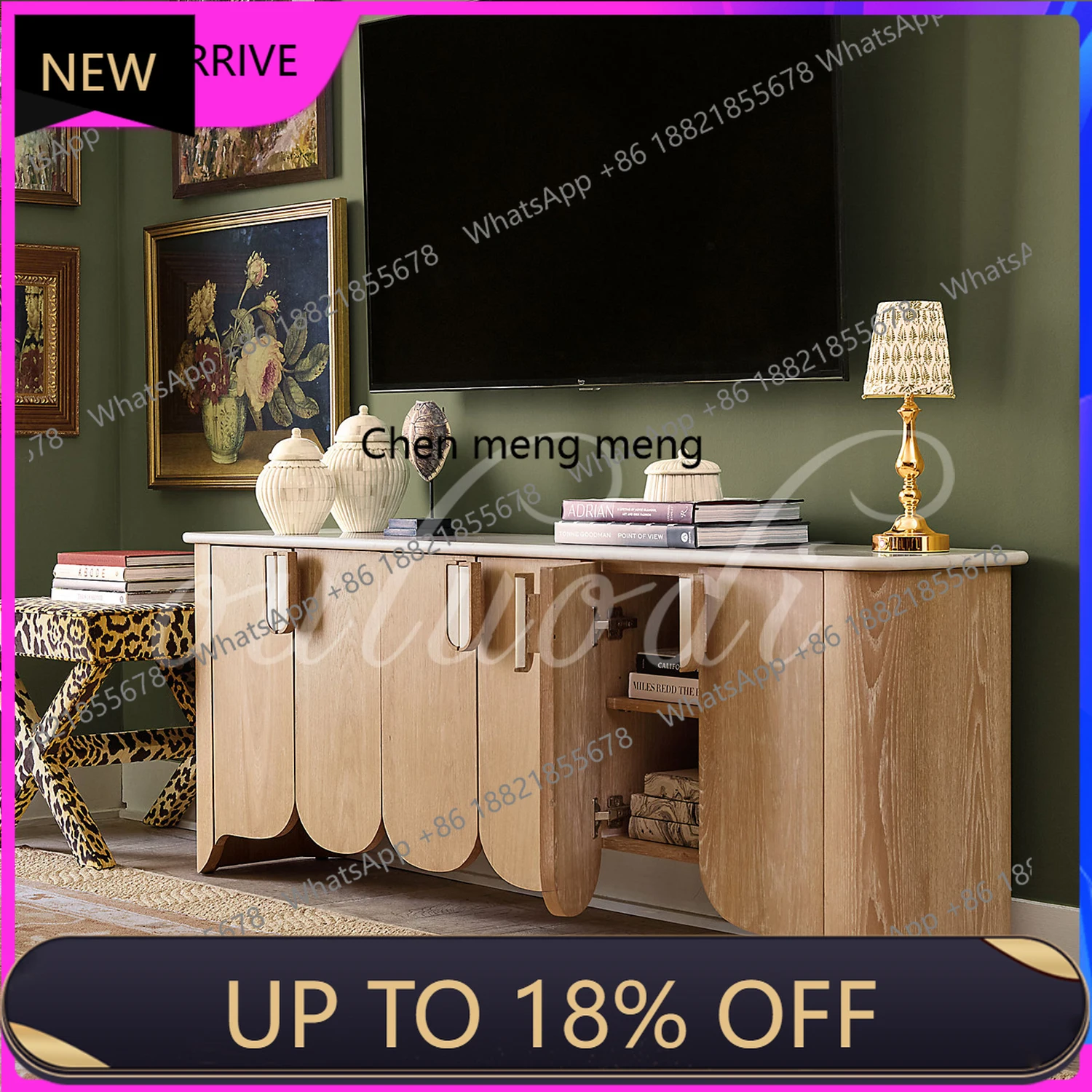 

C88 French retro solid wood marble dining side cabinet living room decorative cabinet wall locker