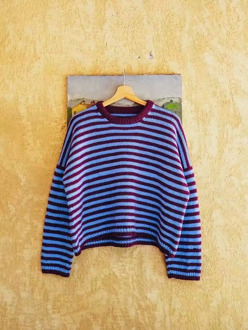 Color blocking striped sweater, loose and lazy style, versatile and slimming, Korean sweet temperament, Korean retro
