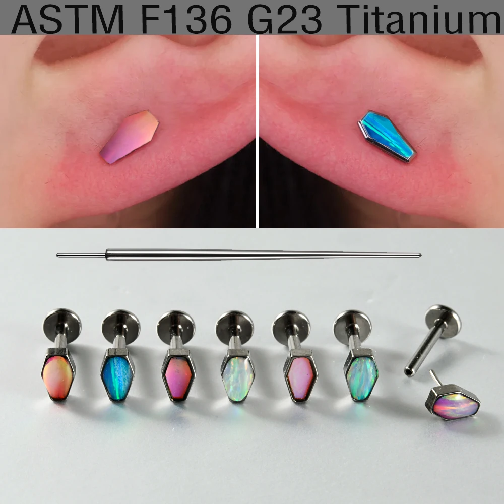 1/7PCS Solid Titanium Coffin Lip Opal Gradient Flash Labret Piercing Internally Thread Ear Tragus Helix Cartilage Nose lip RING