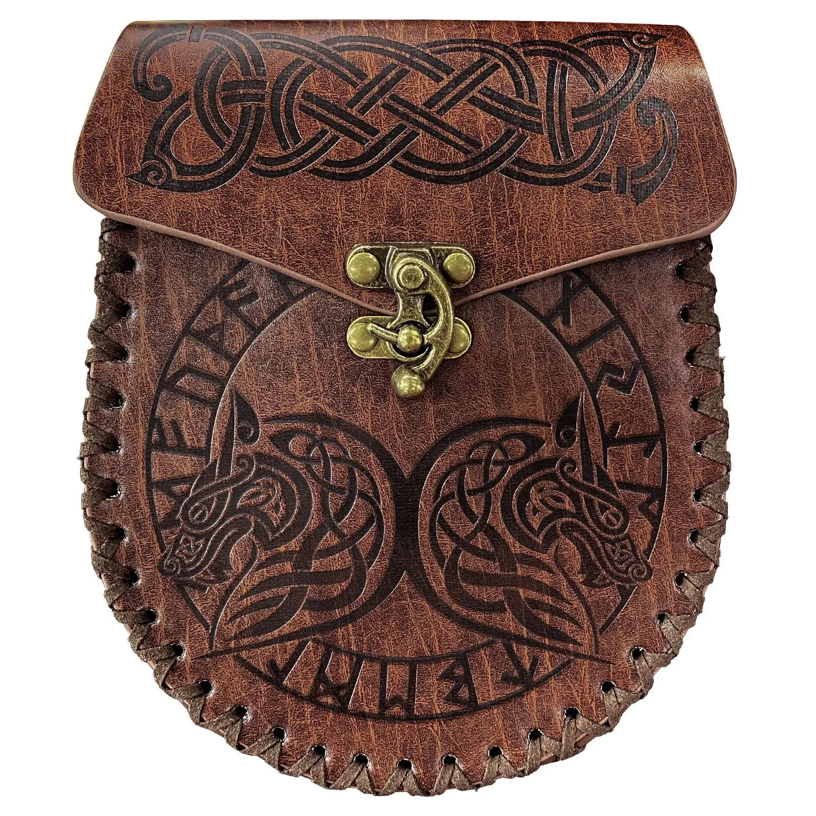 

Viking Double Wolf Head Rune Print Money Bag Quality Mid-century Nordic Style Wallet Bags Hang Belt Coin Purse Retro Men's Fanny