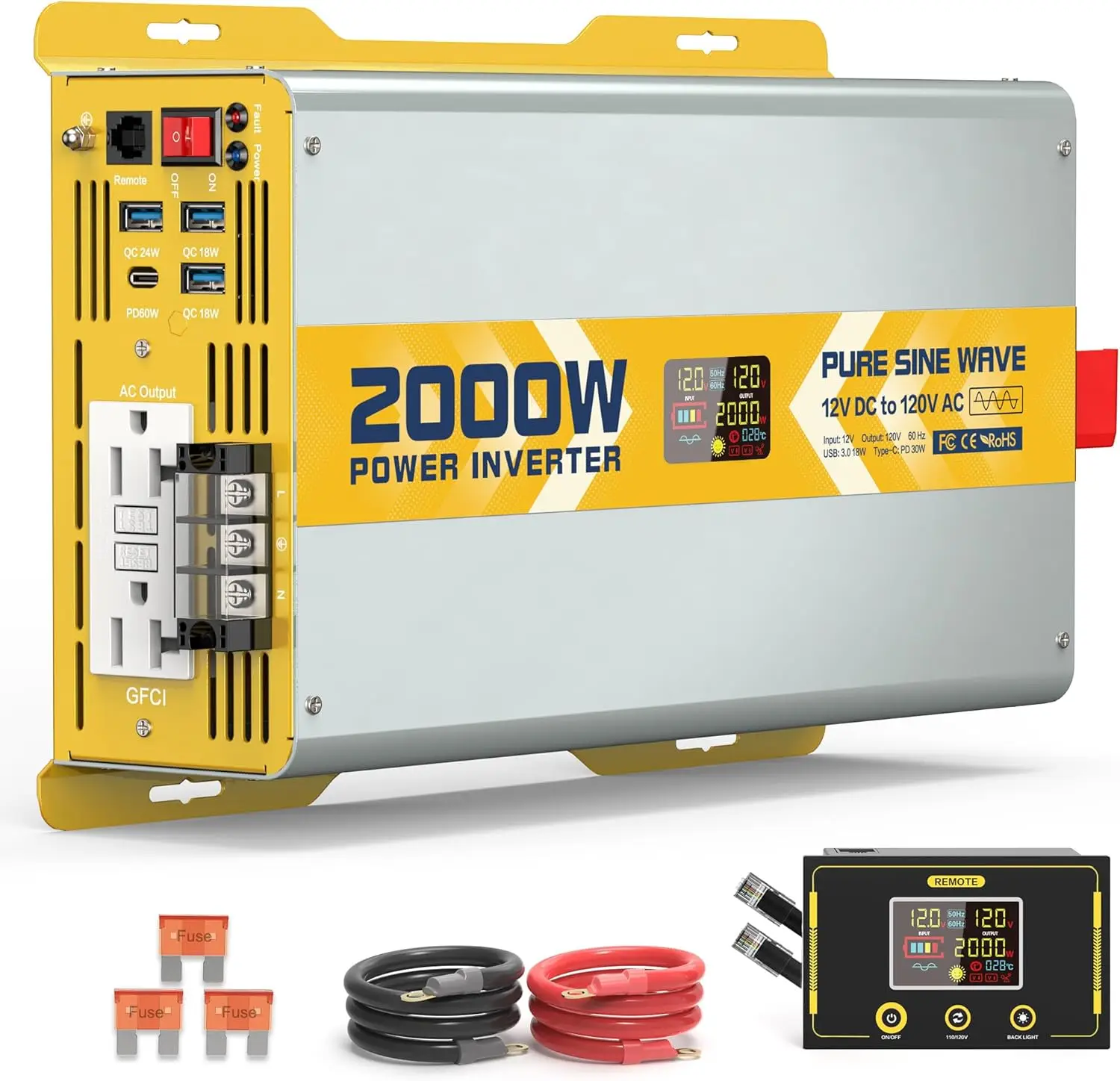 

Инвертор с чистой синусоидой 2000 Вт, 12 В постоянного тока в 120 В переменного тока, с ЖК-дисплеем и пультом ДУ для дома, автофургона, грузовика, солнечных батарей