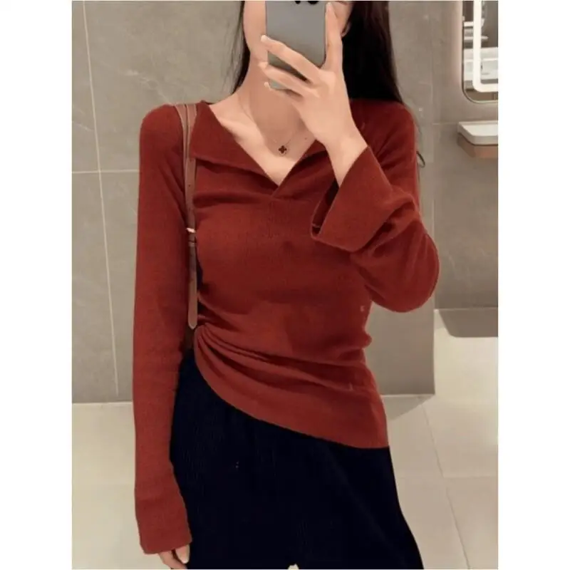 

Spicy Girl V Neck Knitted Sweater Women Burgundy Versatile Tops 2025 Spring High End Basic Shirt Slim Fit Casual Wear Elegant
