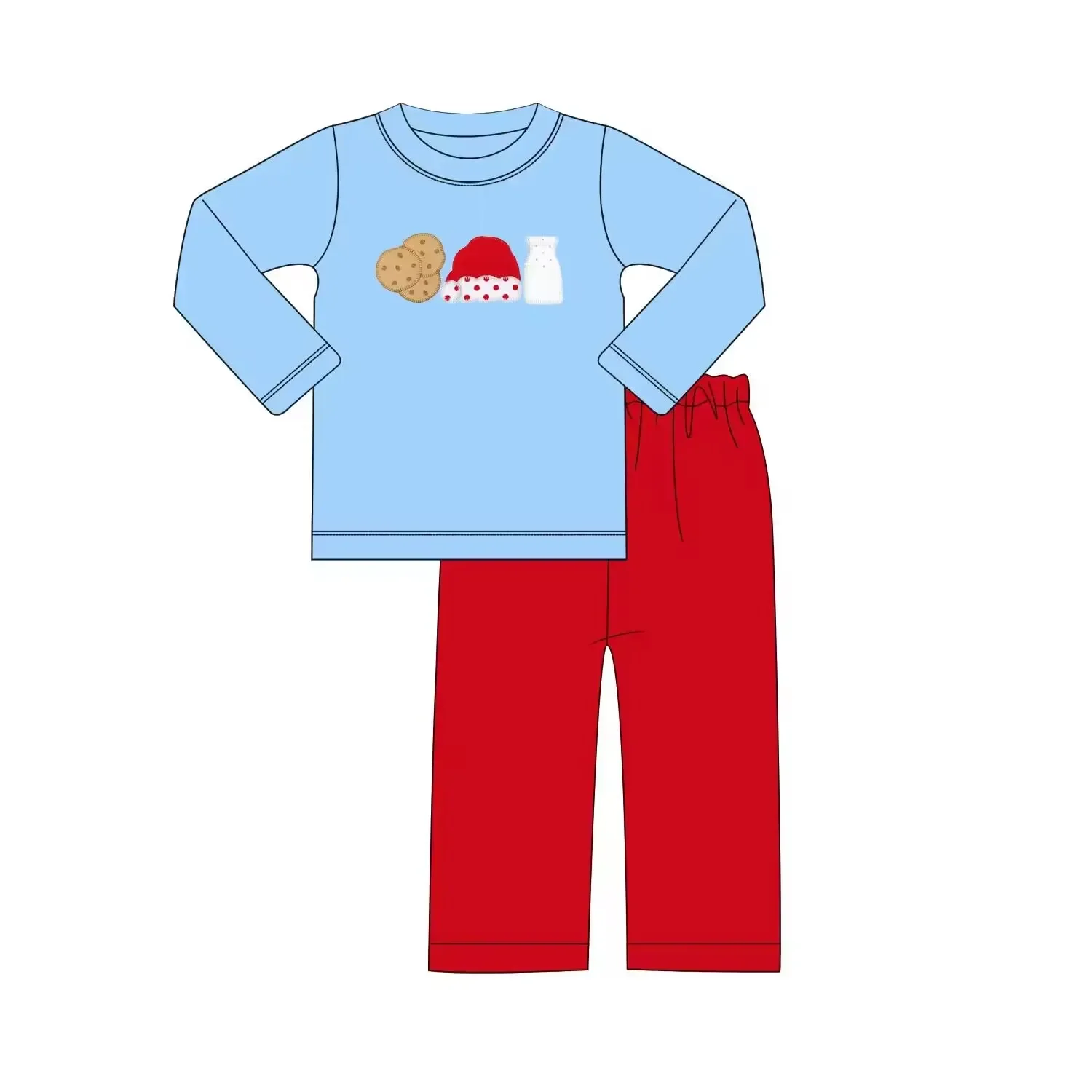 Wholesale Christmas Baby Clothing Toddler Autumn New Chocolate Milk Screen Print Boys Blue Top Red Pants Holiday Matching Set