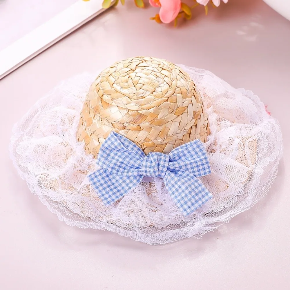 Pet Supplies Adjustable Pet Straw Hat Wide Brim Sun Protection Cat Sun Hat Retro Style Lace Trim Bow Pet Sun Cap Beach