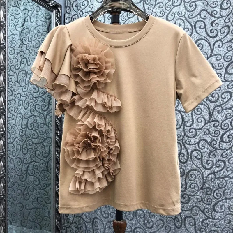 OCEANLOVE Spring Summer T Shirt for Women Ruffles Solid 3D Flower Vintage Ropa De Mujer Korean Fashion Asymmetrical Tees