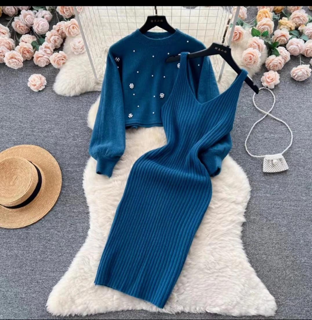 New Elegant Knitted Two Piece Sets for Women Autumn Winter Beading Lartern Sleeve Pullover Sweater Top + Sling Dresses Suits