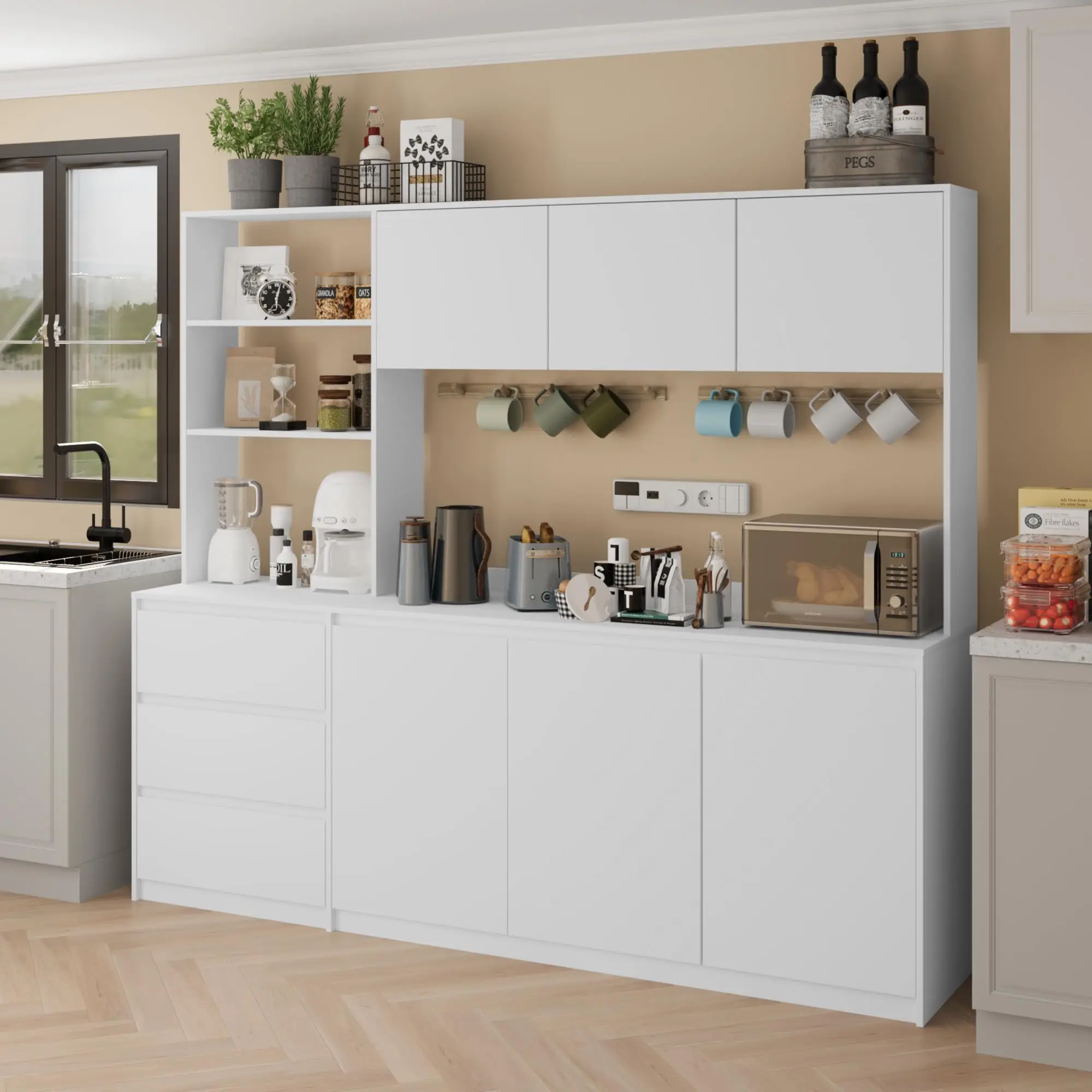 Extra Large Kitchen Pantry with Microwave Shelf, Kitchen Hutch Storage Cabinet with Countertop, Freestanding Countertop