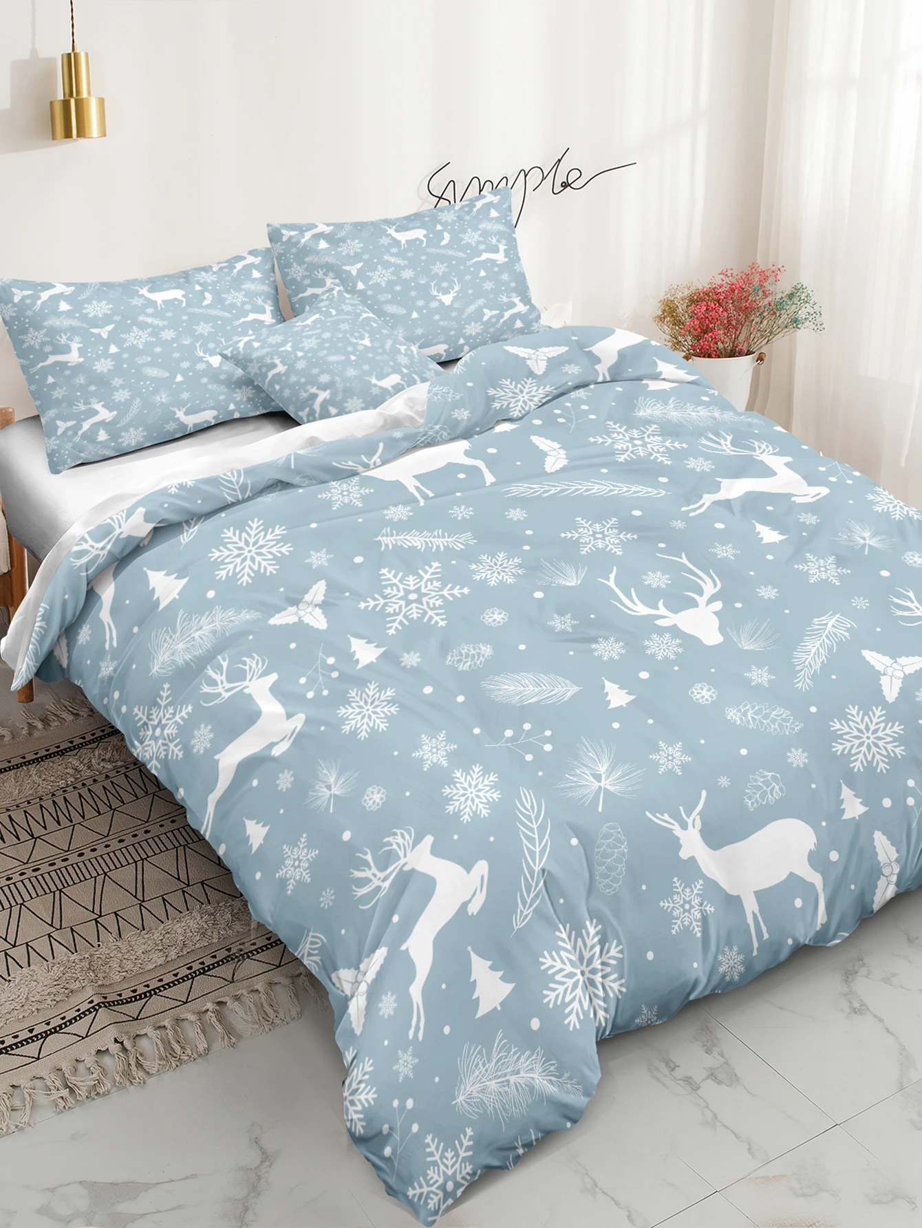 Baby Blue 3 Pcs Duvet Cover Set Christmas Reindeer Bedding Sets White Snowflake Home Textiles Beddroom Decor for Teens