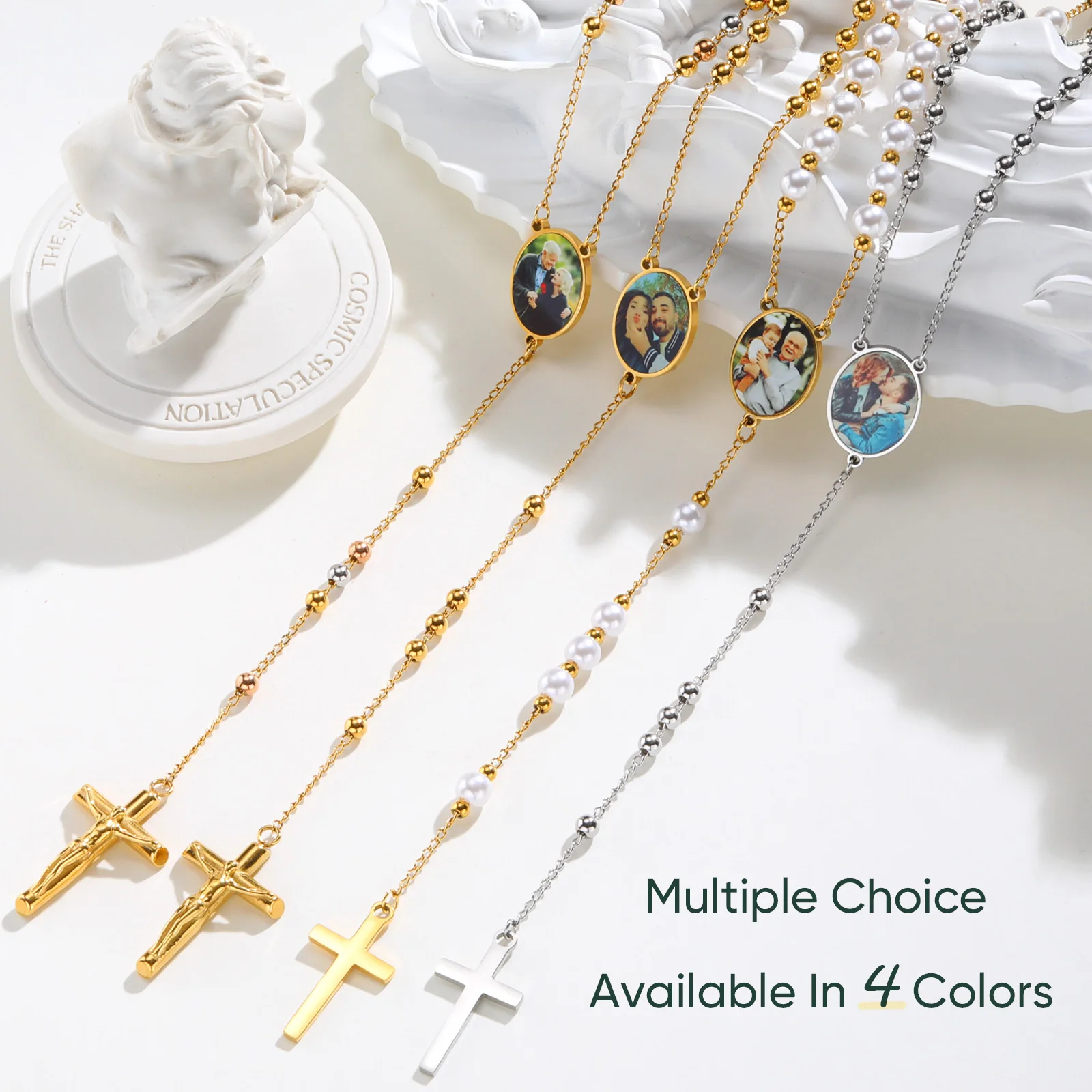 Personalized Picture Rosary Beads Catholic Necklace for Women Crucifix Cross Y Necklace Stainless Steel Chain Rosary Prayer Gift