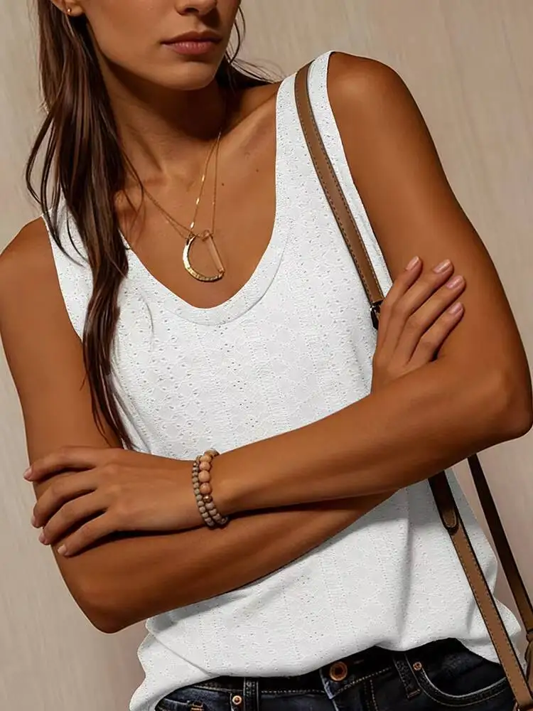 Women's Tank Top Spring Summer White V Neck Sleeveless Perforated Texture Relaxed Fresh Elegant Daily Casual Top