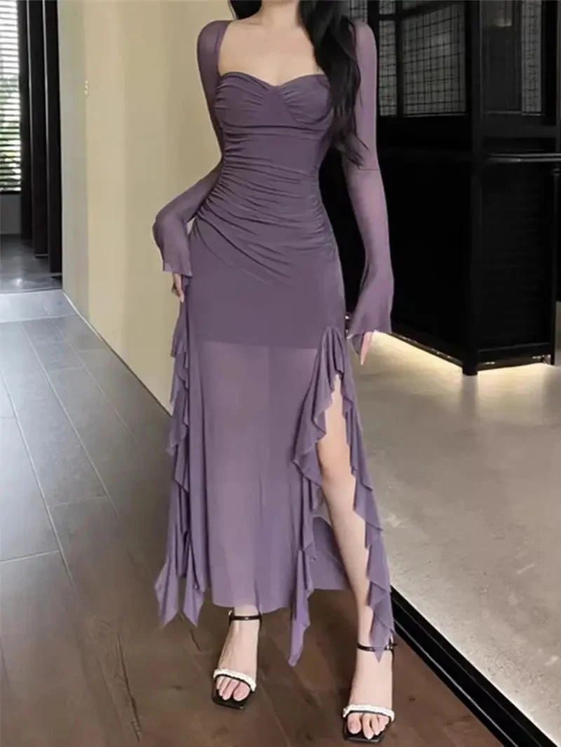 イレギュラーラッフルエッジメッシュスクエアネックドレスハイウエストスリット気質ヒップハグロングスカートブラックベスティドスデムヘール