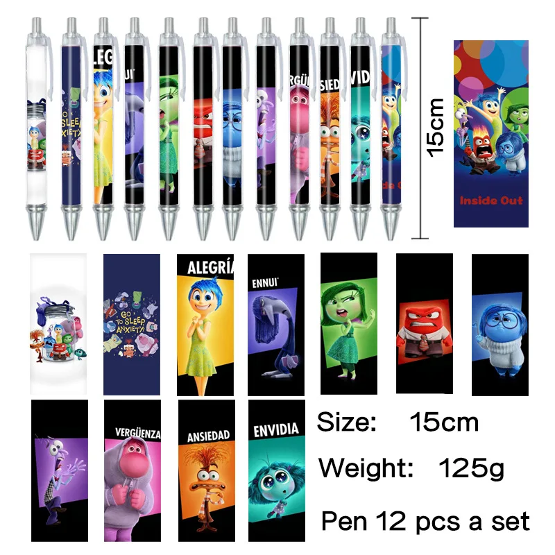 12Pcs Disney Kawaii Inside Out Ballpoint Pens Cute Anxiety Sadness Anger Movie Anime Peripherals Printed Stationery Gel Pens Set