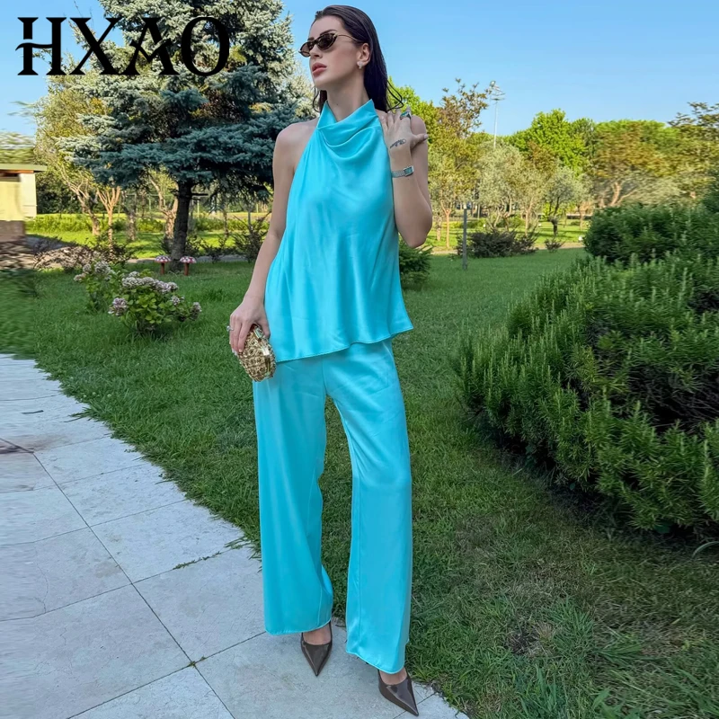 HXAO Asymmetric Satin Halter Jumpsuits Women's Jumpsuit Blue Loose Off Shoulder Backless Sleeveless Jumpsuits Vacation Overalls