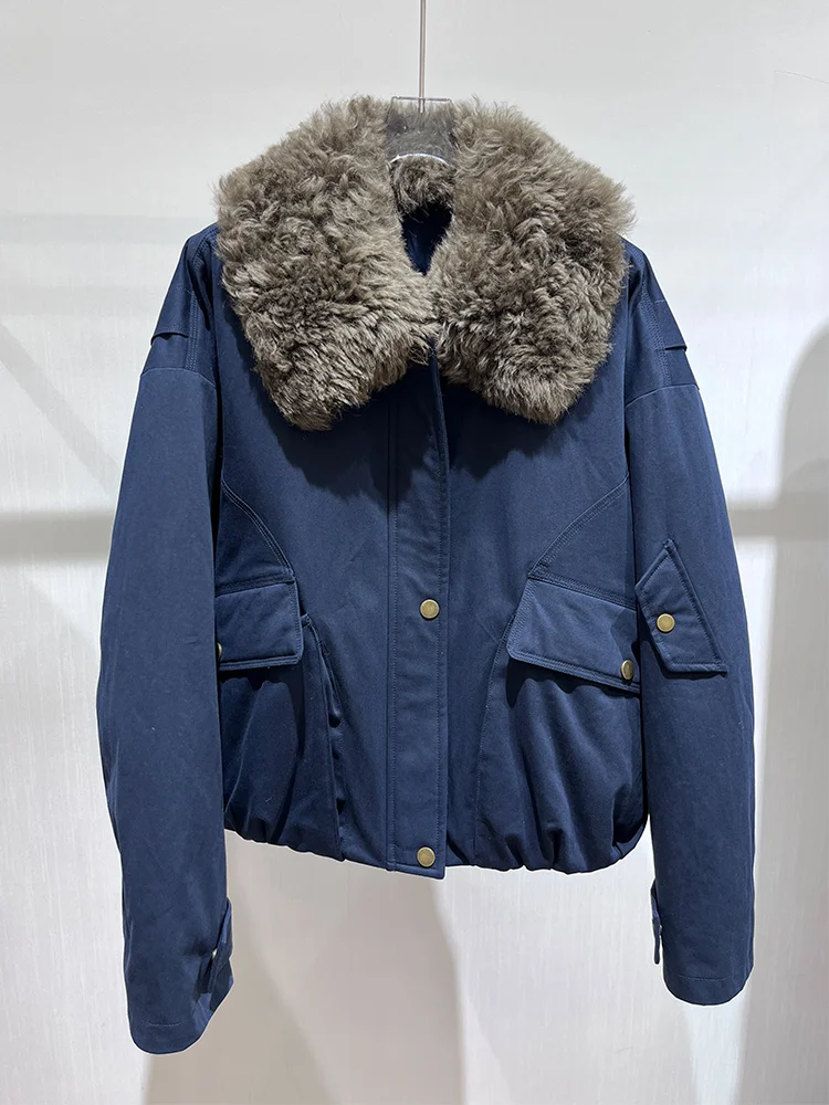 2025 Herfst Winter Ganzendons Jas Natuurlijke Schapen Lam Bontkraag Dikke vrouwen Warme Denim Jas Luxe Uitloper Vrouwelijke jassen