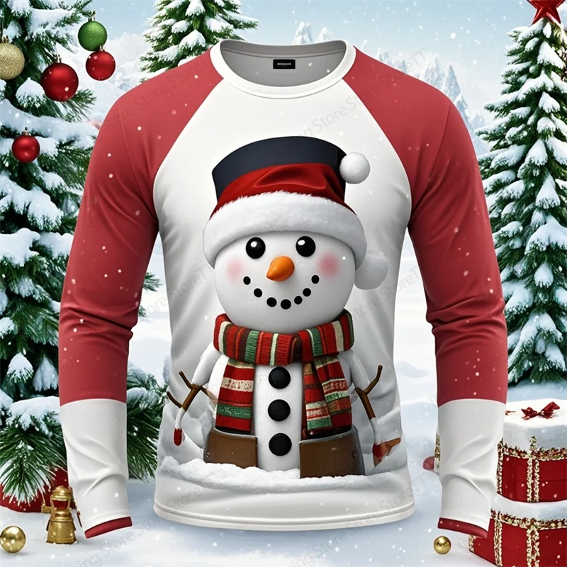 Men\'s Long Sleeve T-shirt 3d Christmas Snowman Print Tshirt Men Women Fashion Snowflake T shirt O-neck Loose Tops Tees Gifts