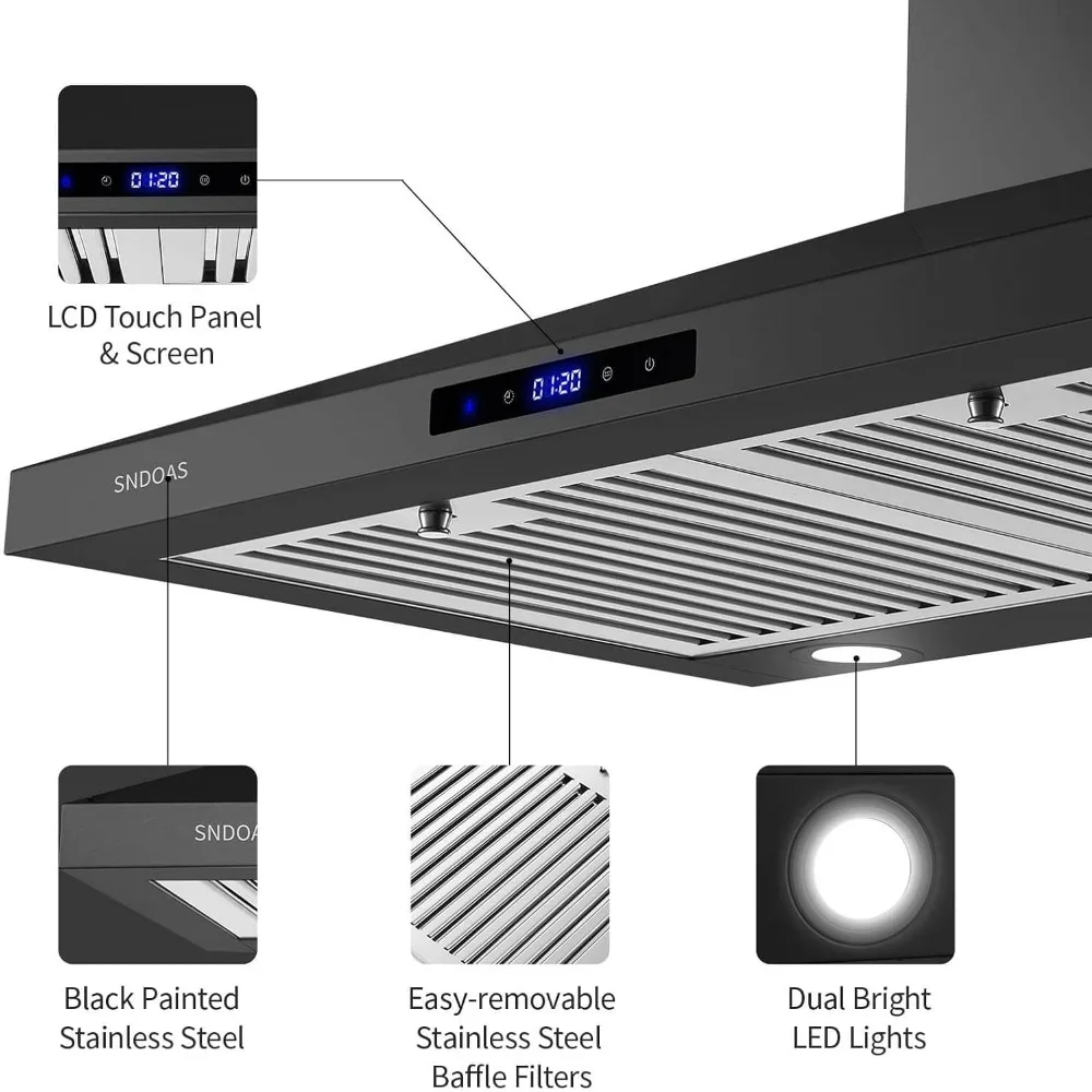 Range Hood Black,Wall Mounted Range Hood 30 inches,Black Kitchen Hoods with Touch Controls,Stainless Steel Range Hood