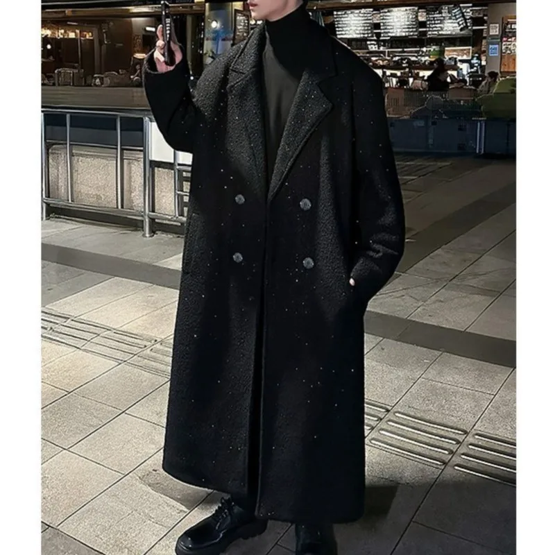 Shiny thick trench coat chic sequin autumn winter men's warm woolen coat casual double breasted long overknee woolen coat