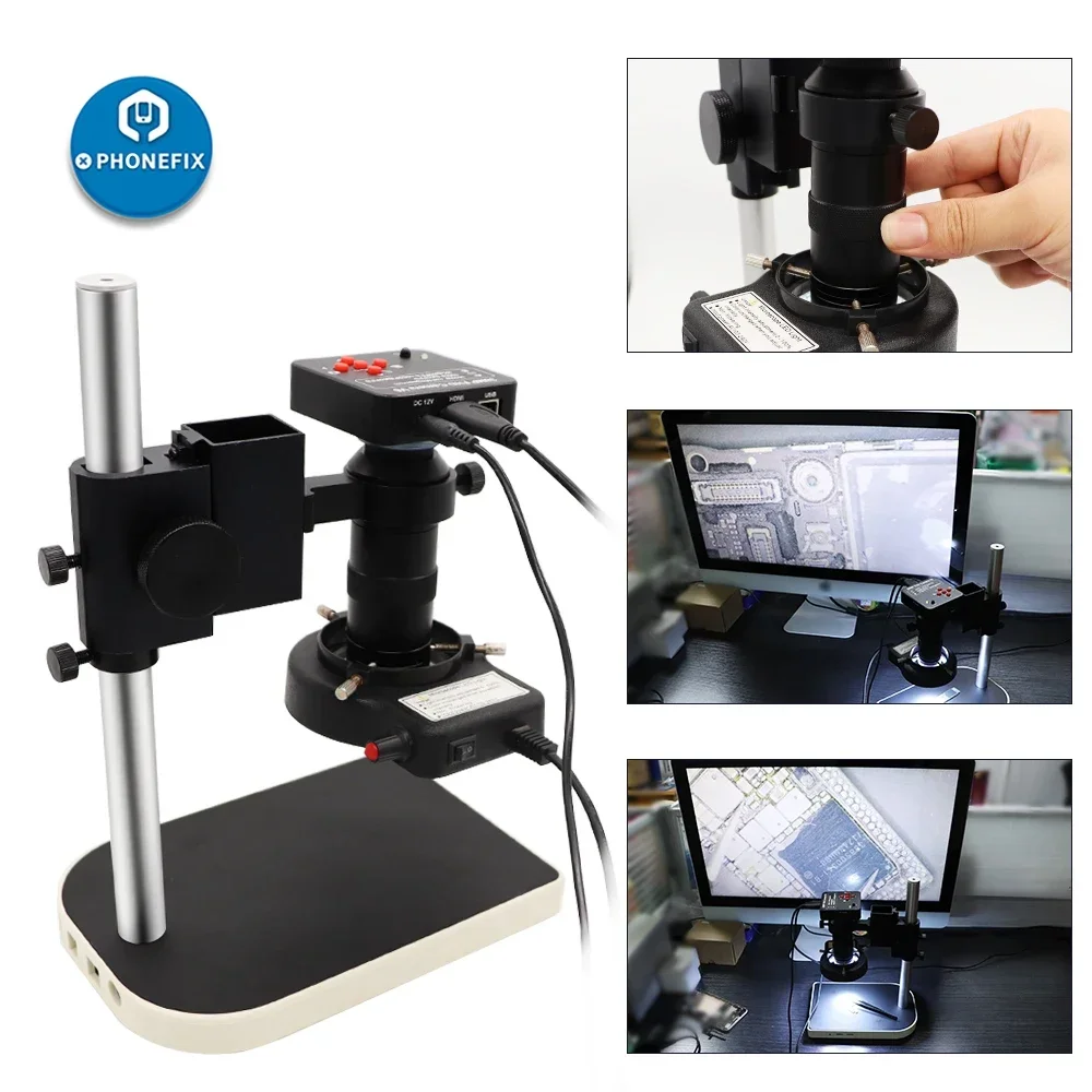 

38MP 16MP HDMI VGA Digital Integrated Microscope Camera Small Stand holder C mount lens For PCB Soldering Repair Display Output