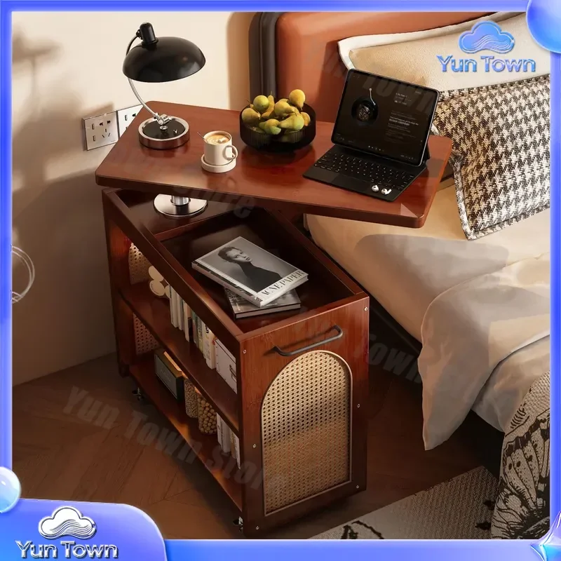 Solid Wood Movable Bedside Table for Bedroom Furniture Lift Side Table for Small Spaces Antique Style Integrated Nightstand