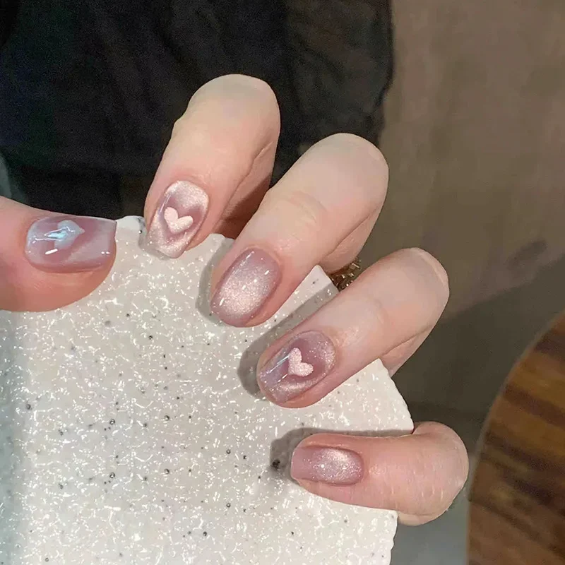

24 Pcs Square with Glue Korean Style Sweet False Nails with Tools Self-nail Cat Eye Love Short Ballet Detachable Press on Nails